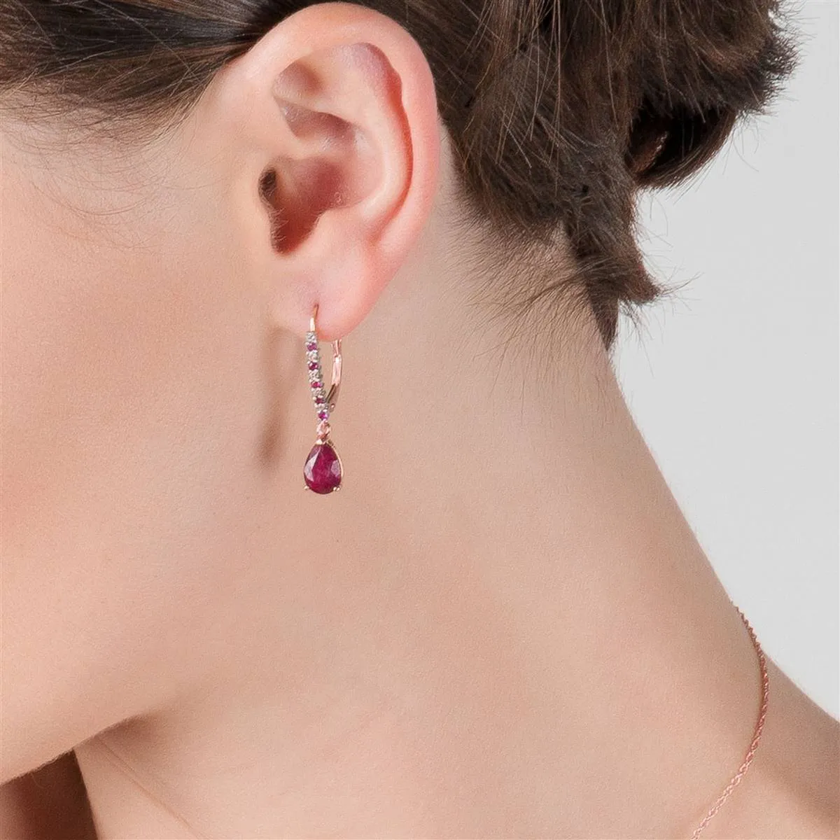 14K Solid Rose Gold Leverback Earrings Diamond & Ruby Certified Class New