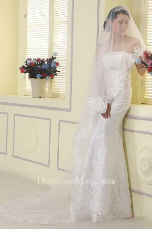 2018 Sweep Long Tulle Wedding Veil with Lace Edge