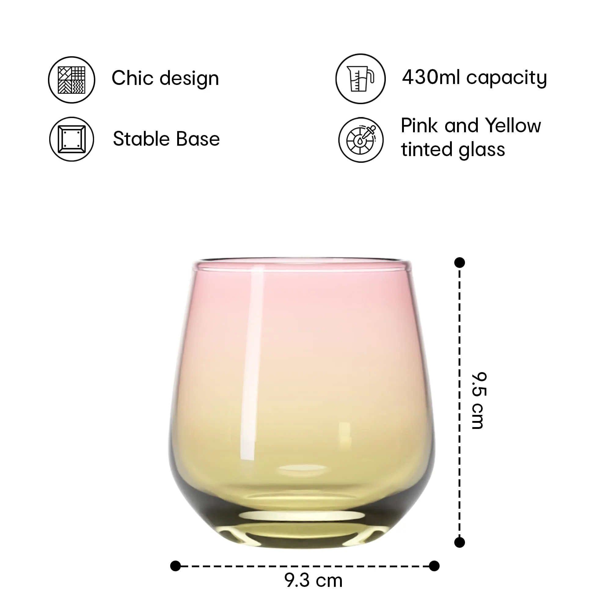 Anko Australia 430ml Dual Tone Glasses Set of 6 | Water, Juice, Cocktails Glasses| Dishwasher Safe Whiskey Glass Set | Bar Accessories for Home | Suitable for All Occassions | Yellow & Pink