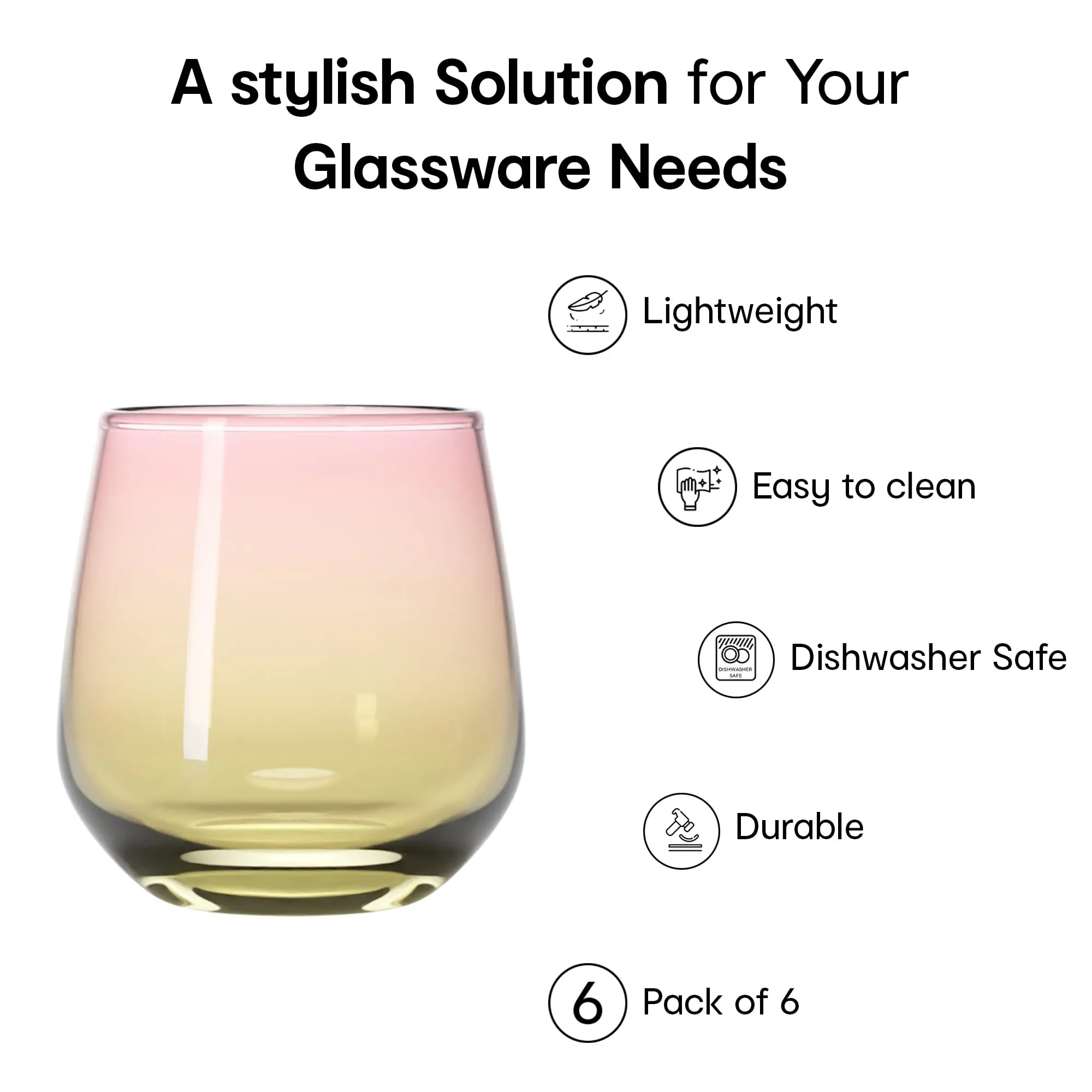 Anko Australia 430ml Dual Tone Glasses Set of 6 | Water, Juice, Cocktails Glasses| Dishwasher Safe Whiskey Glass Set | Bar Accessories for Home | Suitable for All Occassions | Yellow & Pink