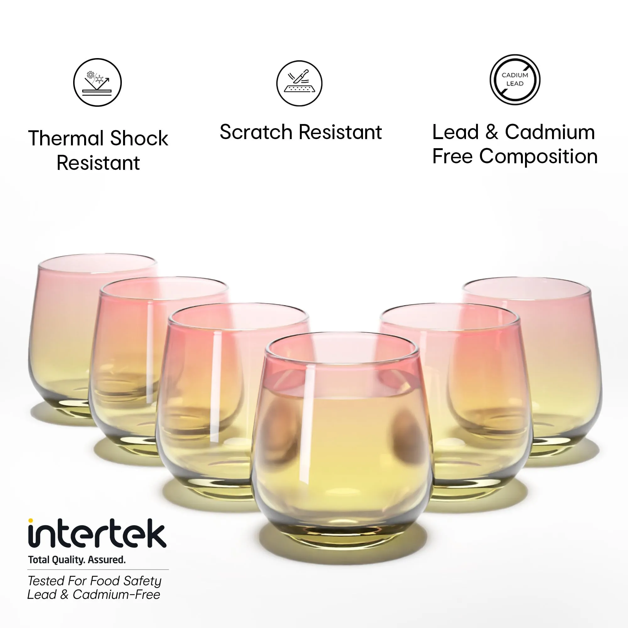 Anko Australia 430ml Dual Tone Glasses Set of 6 | Water, Juice, Cocktails Glasses| Dishwasher Safe Whiskey Glass Set | Bar Accessories for Home | Suitable for All Occassions | Yellow & Pink