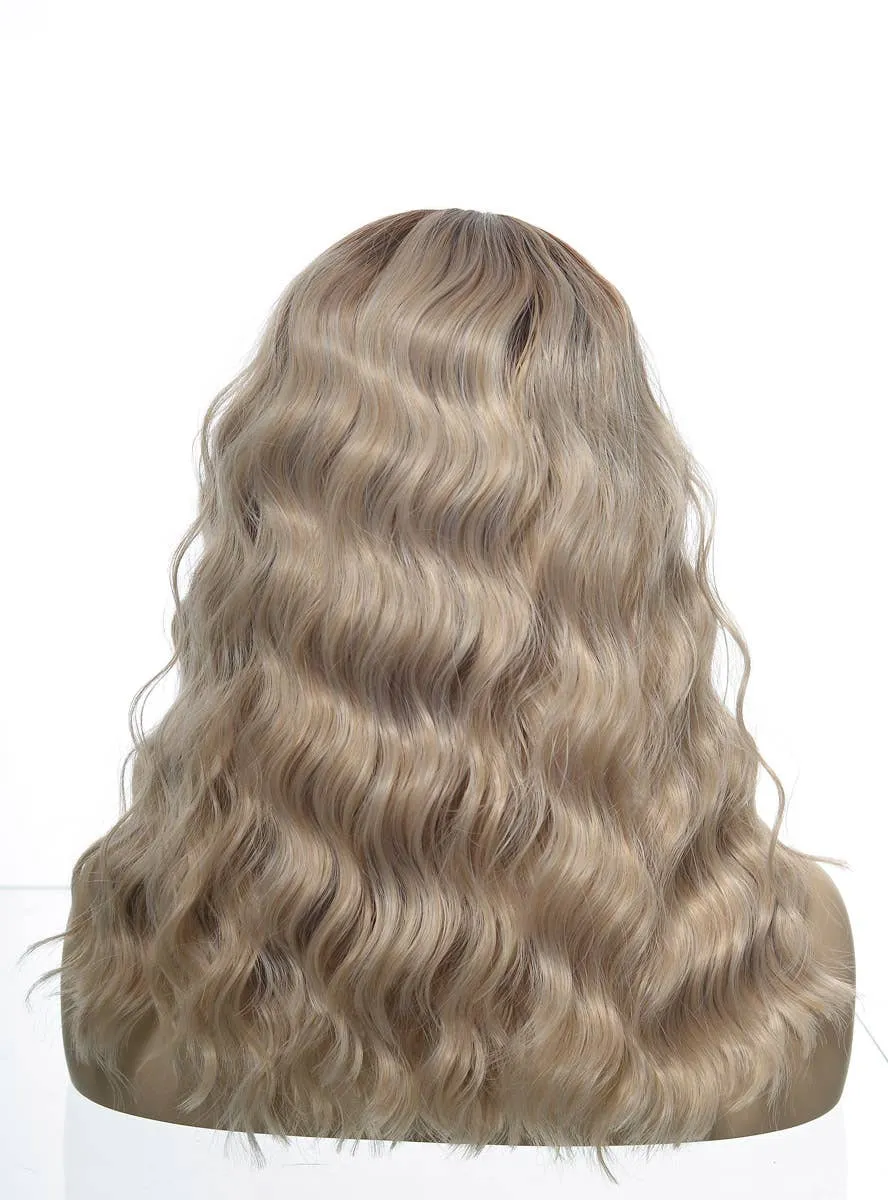 Ashy Blonde Rooted Mid-Length Wavy Lace Front Fashion Wig