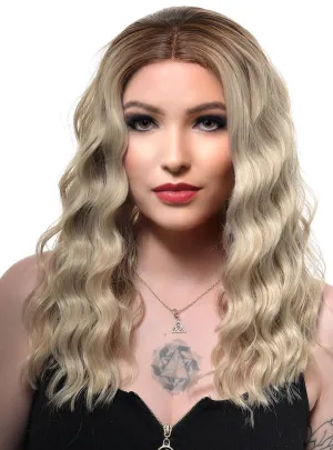 Ashy Blonde Rooted Mid-Length Wavy Lace Front Fashion Wig