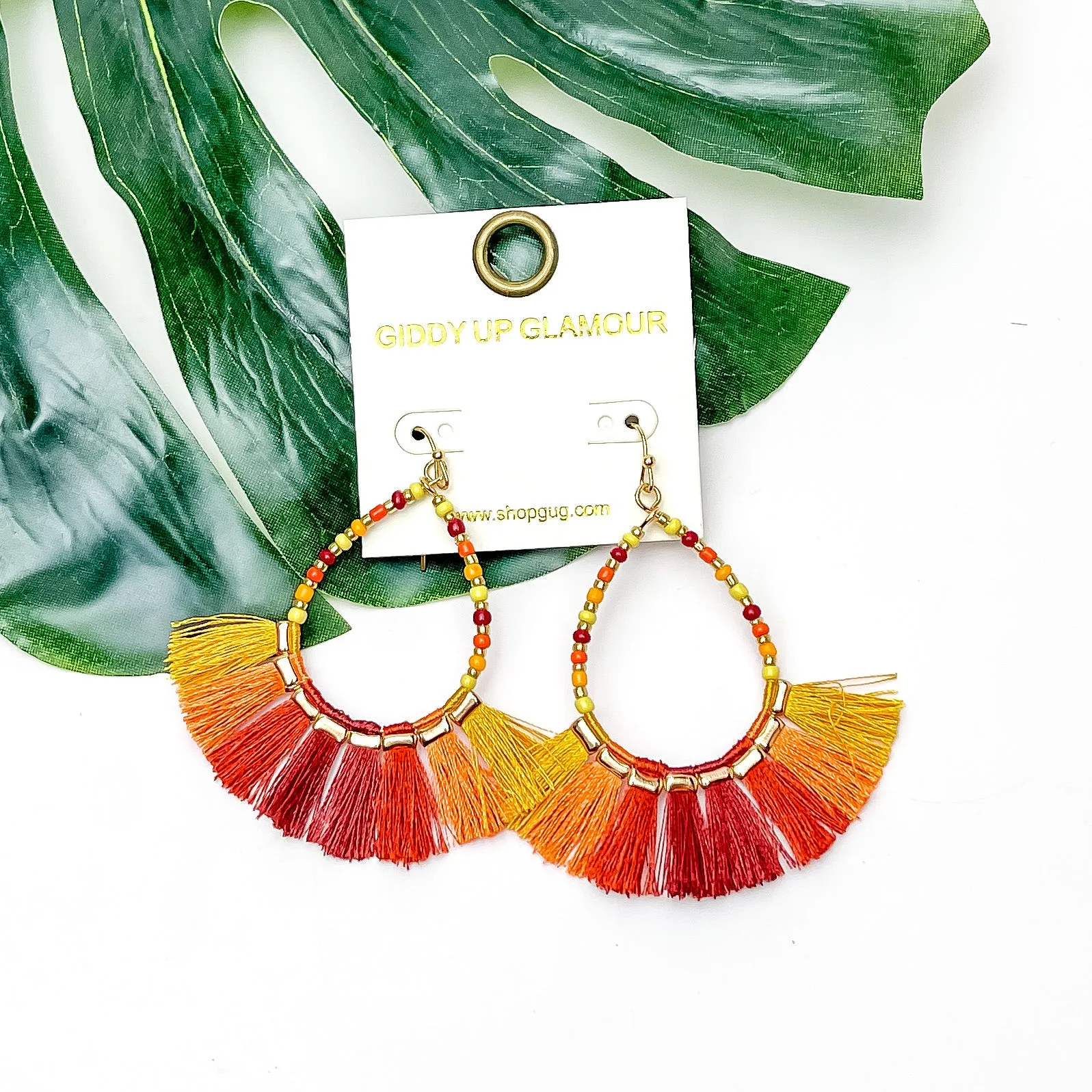 Beaded Open Teardrop Earrings With Fringe Bottom in Orange Tones