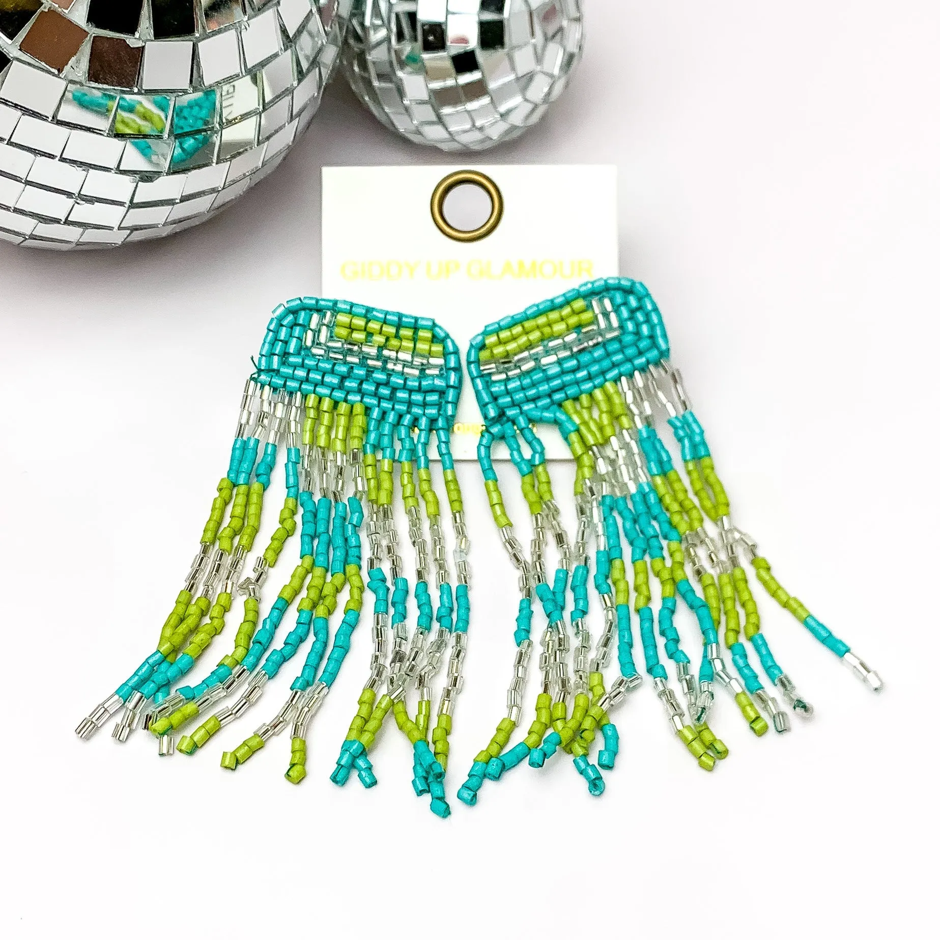 Beaded Tassel Earrings in Blue, and Green