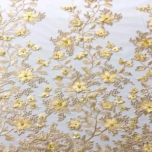 Beige 3D Embroidered Satin Floral Pearl Lace Fabric