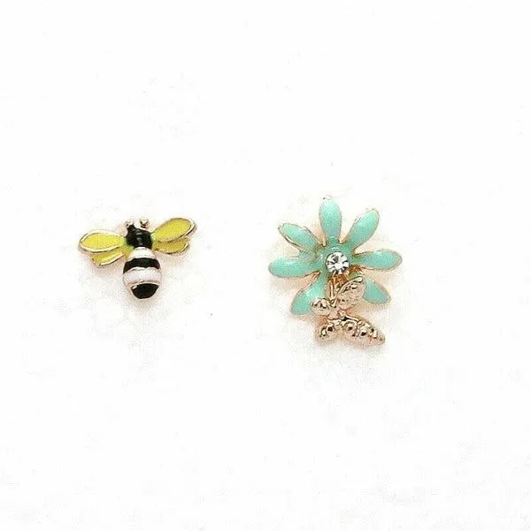 Betsey Johnson Rhinestone Bumble Bee Butterfly on Blue Flower Earrings