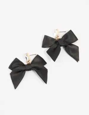 Black Fabric Diamante Bow Drop Earrings