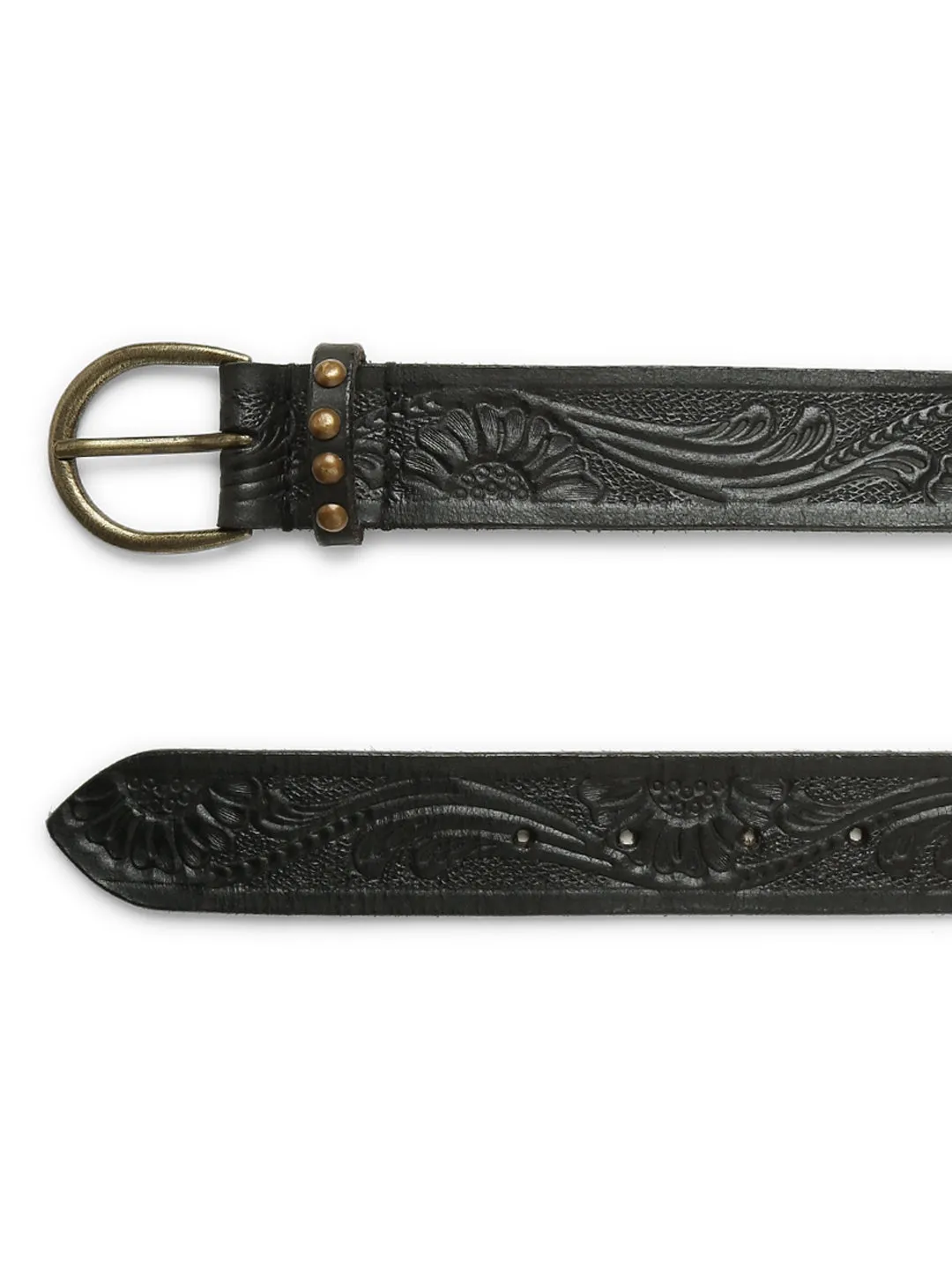 Black Hand-tooled Design Leather Belt By Art N Vintage