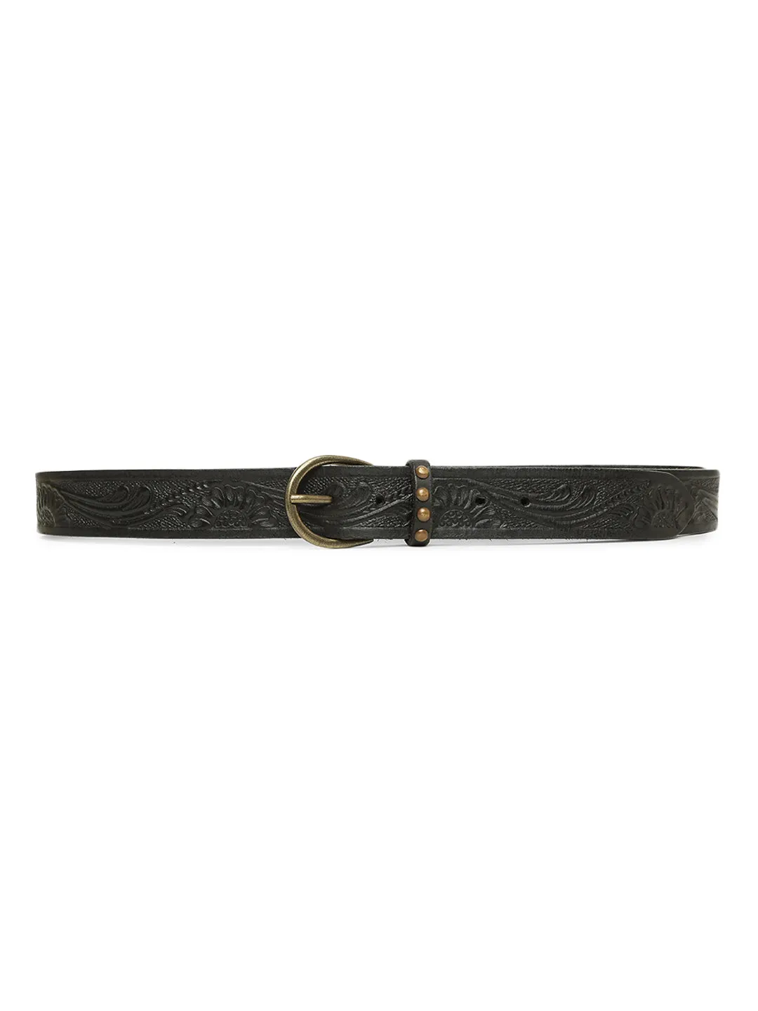 Black Hand-tooled Design Leather Belt By Art N Vintage