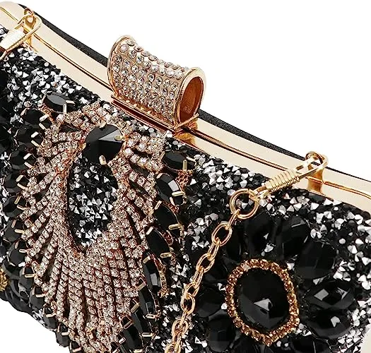 Black Jewelry Stones Clutch Handbag