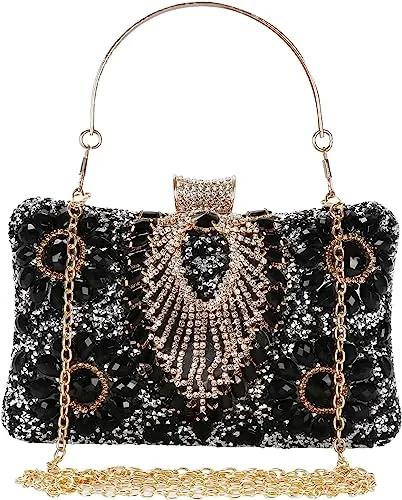 Black Jewelry Stones Clutch Handbag