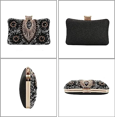 Black Jewelry Stones Clutch Handbag