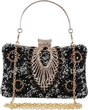 Black Jewelry Stones Clutch Handbag