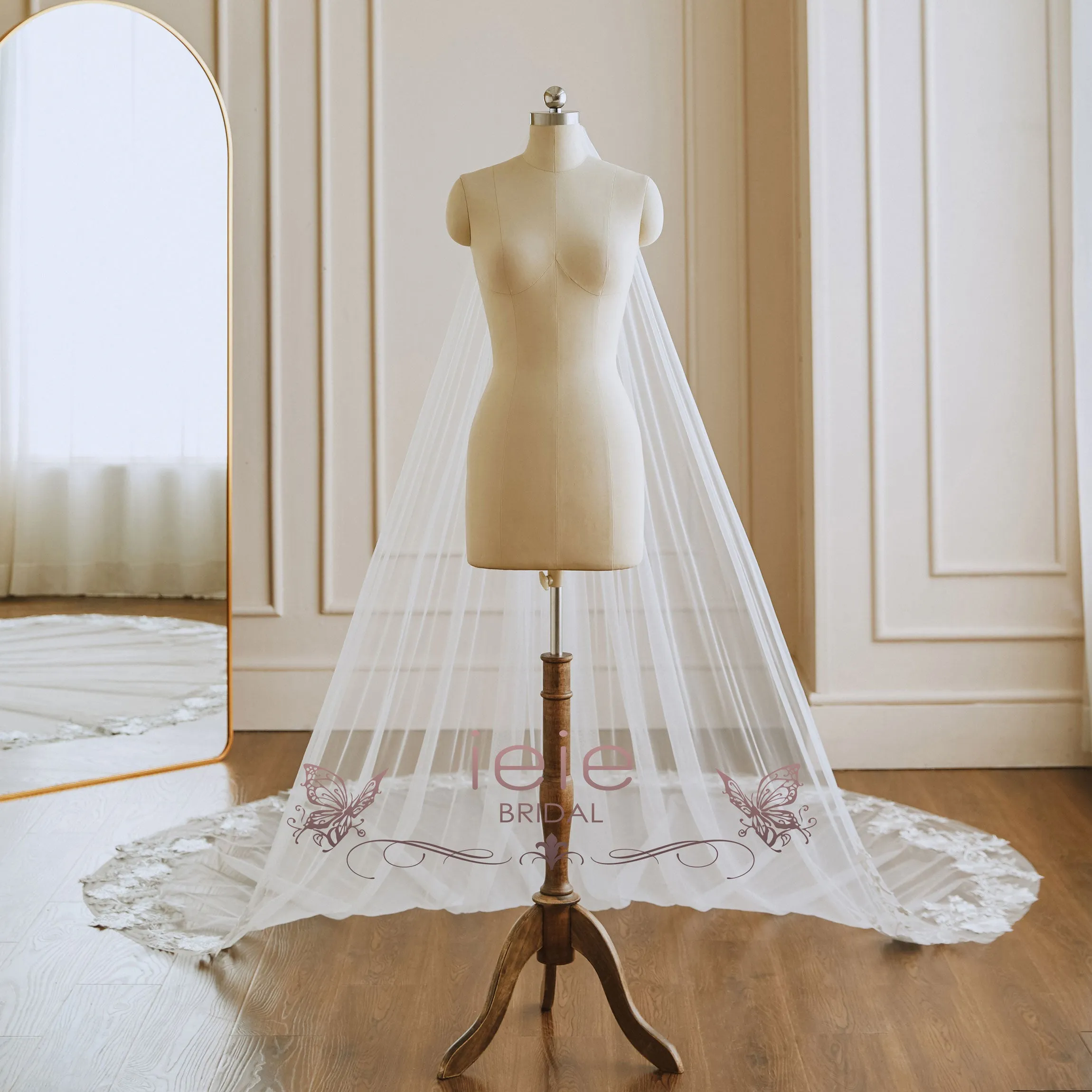 Cathedral Length Wedding Veil with Lace around Train VG3039