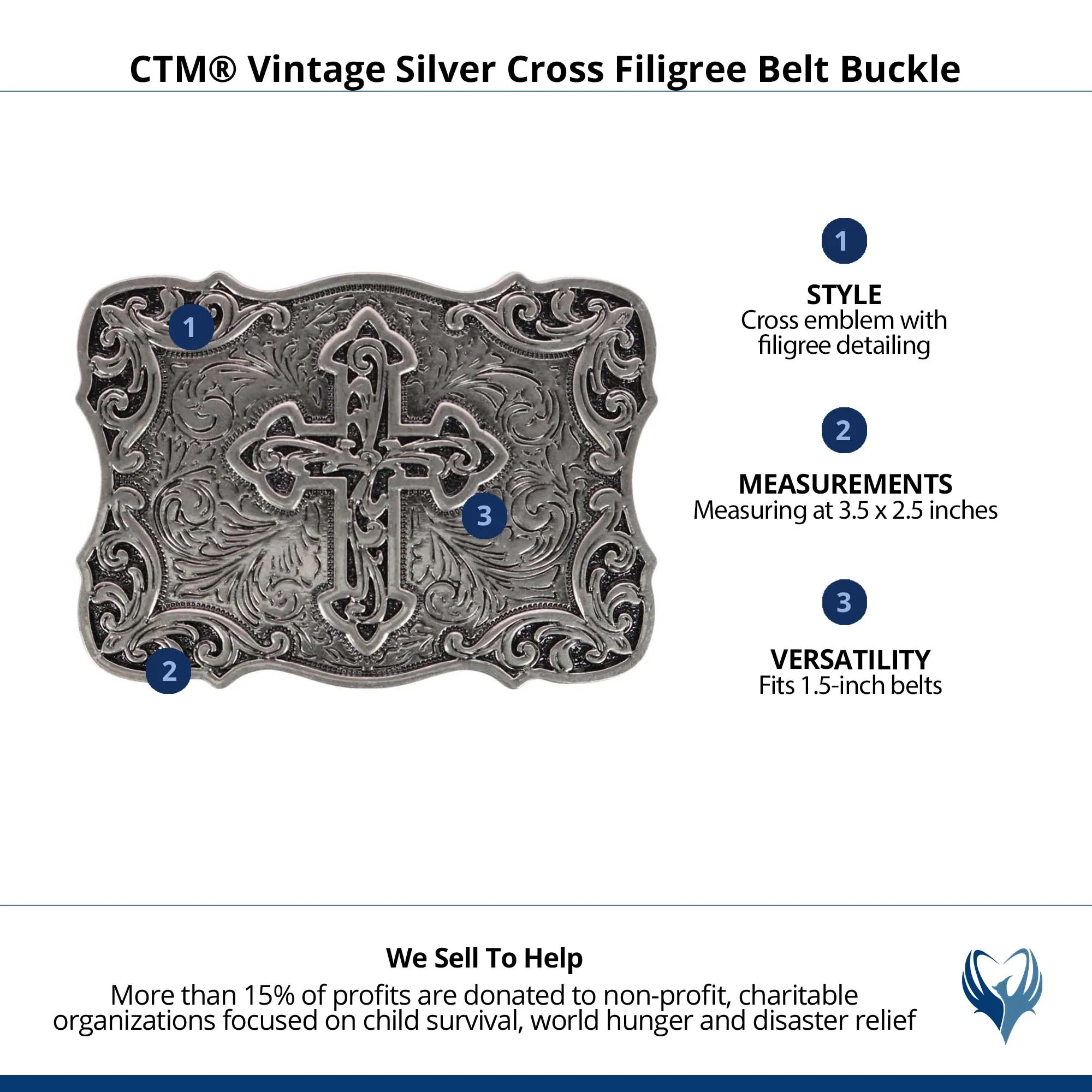 CTM® Vintage Silver Cross Filigree Belt Buckle