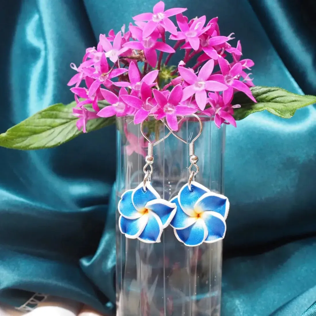 Flirty Plumeria Blue Drop Earrings