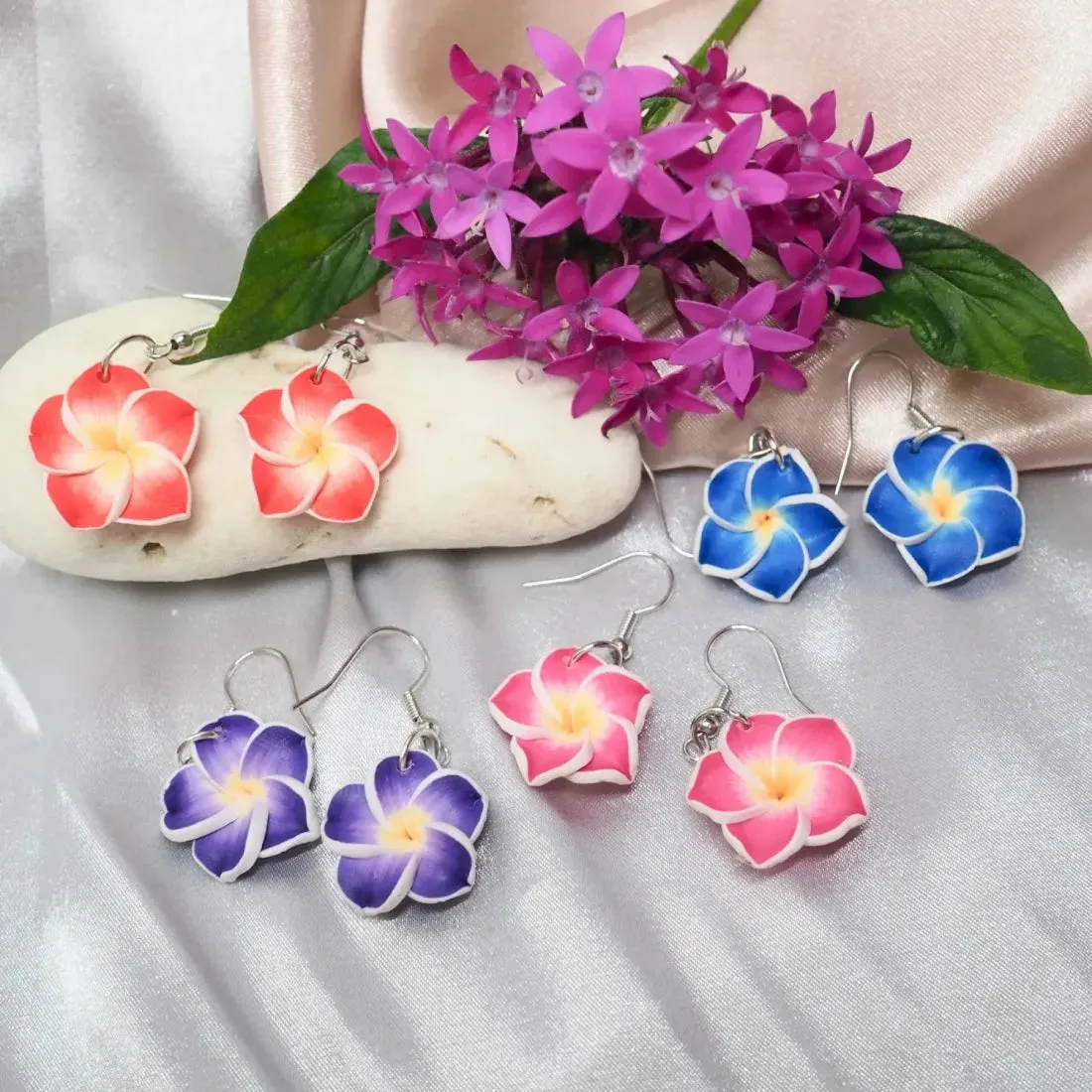 Flirty Plumeria Blue Drop Earrings