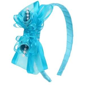 Girls Turquoise Elegant Satin Organza Ribbon Floral Elegant Headband