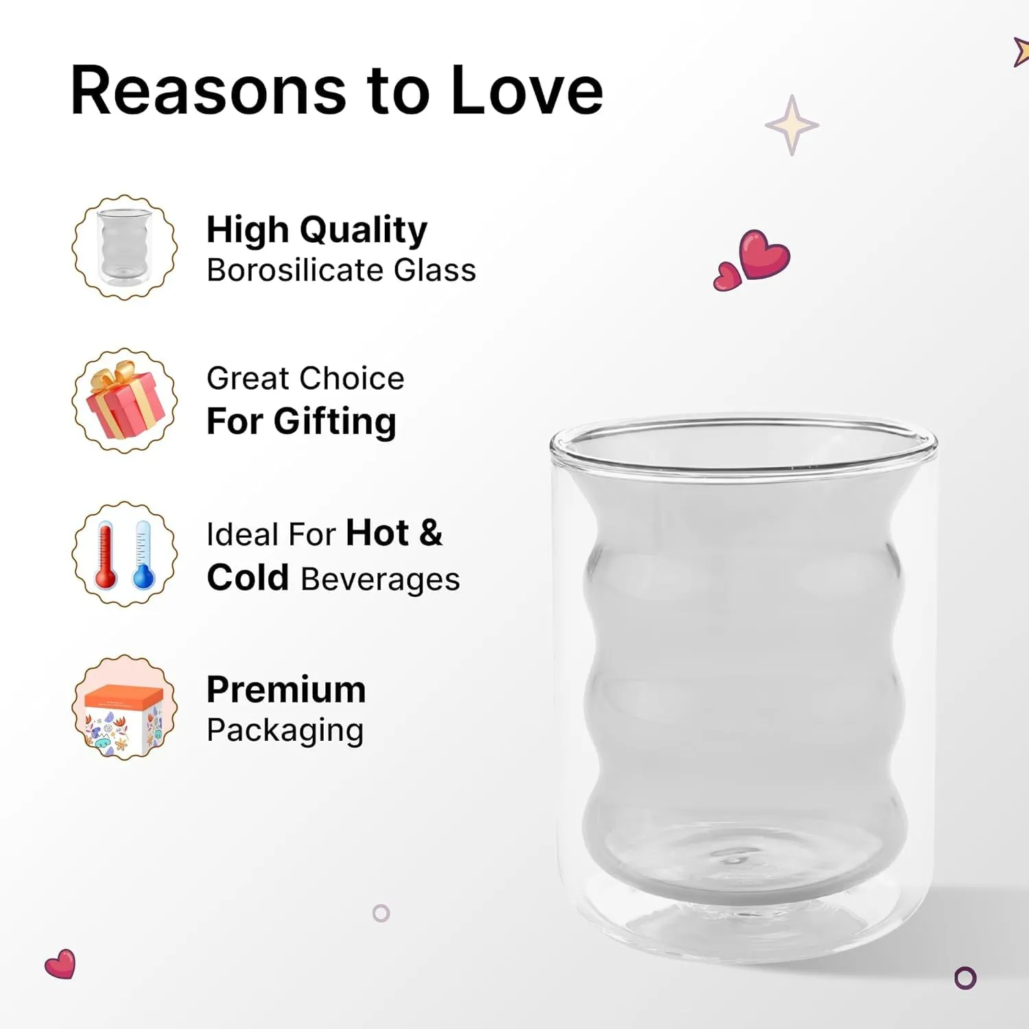 Heart Home 2 Pcs Waved Shape Glasses | Double Walled Borosilicate Glass | High Thermal Resistance | Microwave & Dishwasher Safe | 200 ML | Pack of 1 | Gray