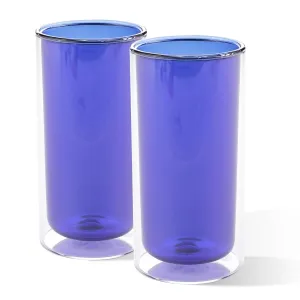 Kuber Industries 4 Pcs Double Walled Glasses | Borosilicate Glass Tumblers for Water | High Heet Resistance | Microwave & Dishwasher Safe | Juice Glasse | 250 ML | Pack of 2 | Blue