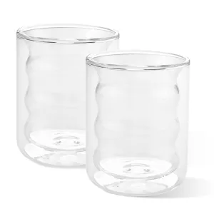 Kuber Industries 4 Pcs Waved Shape Glasses | Double Walled Borosilicate Glass | High Thermal Resistance | Microwave & Dishwasher Safe | 200 ML | Pack of 2 | Transparent