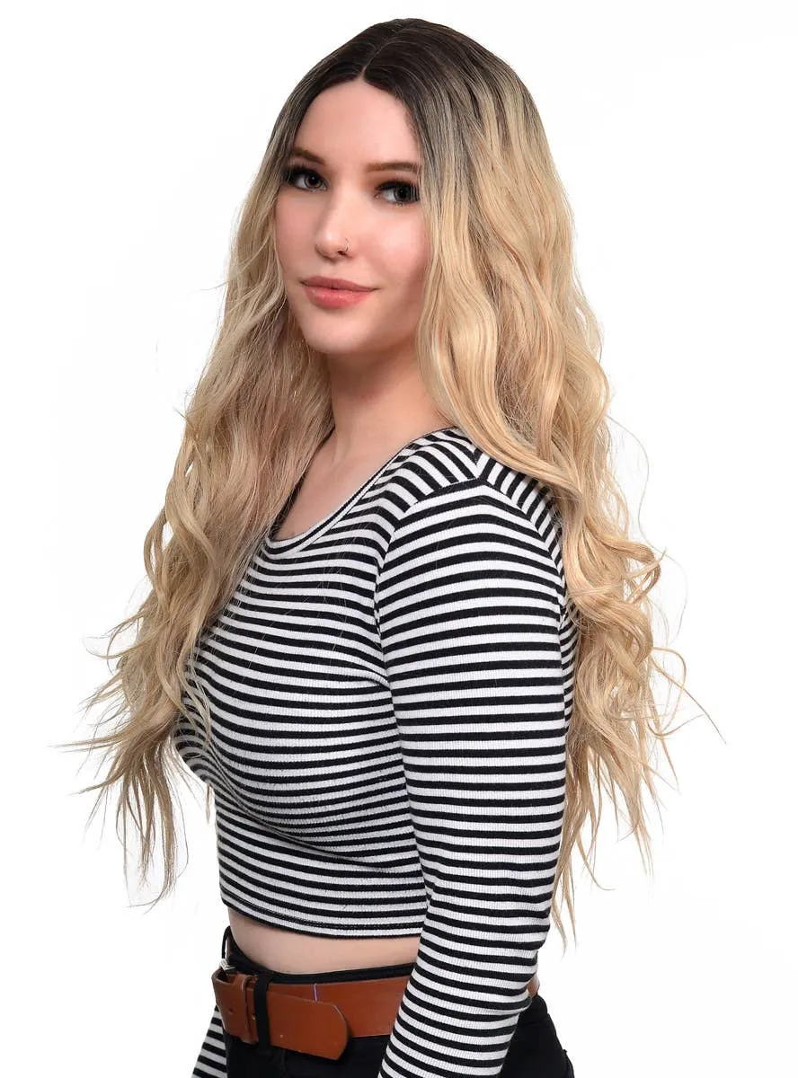 Long Blonde Beachy Waves Womens Lace Part Fashion Wig with Dark Roots