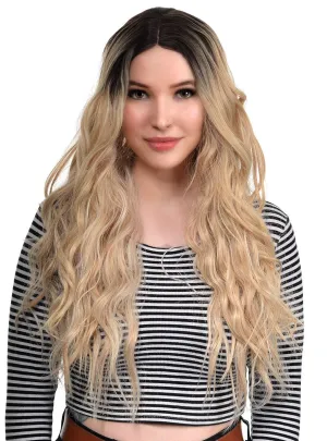 Long Blonde Beachy Waves Womens Lace Part Fashion Wig with Dark Roots