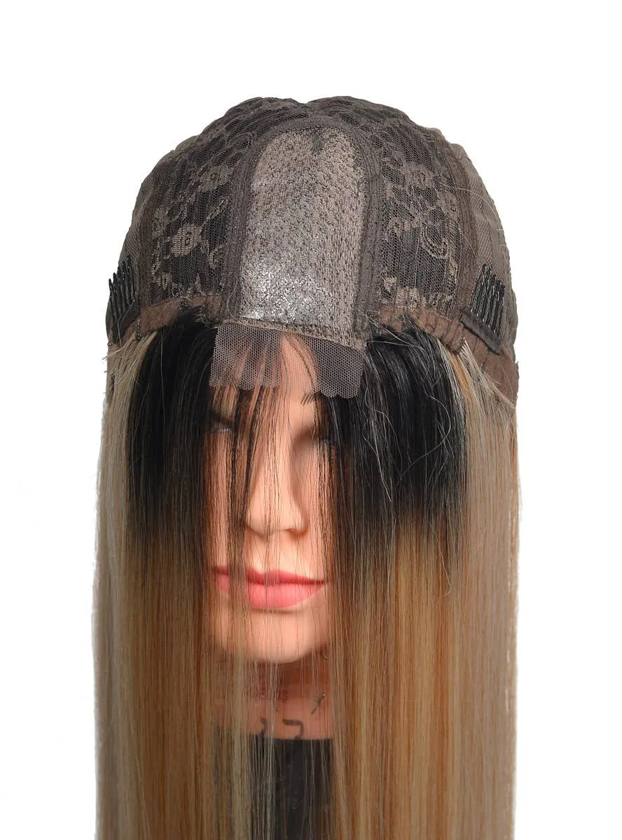 Long Blonde Beachy Waves Womens Lace Part Fashion Wig with Dark Roots