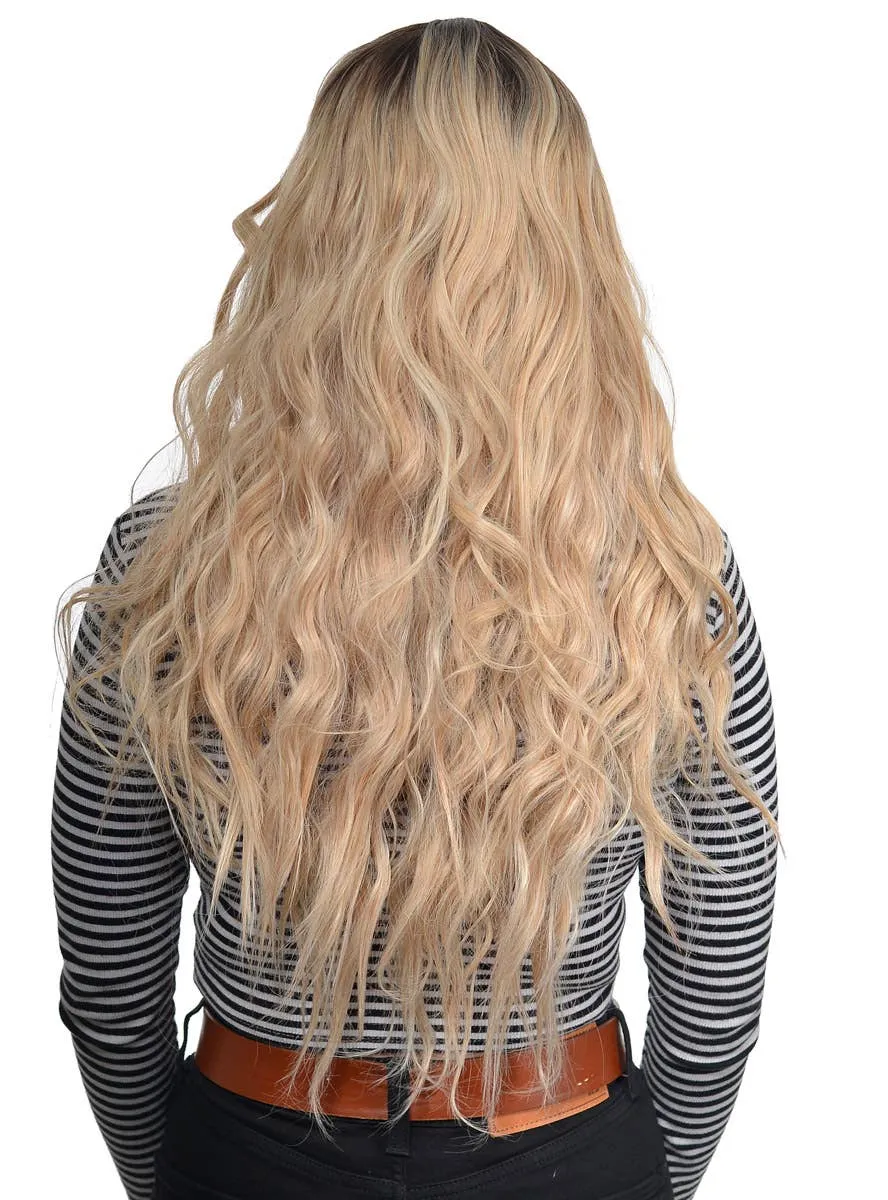 Long Blonde Beachy Waves Womens Lace Part Fashion Wig with Dark Roots