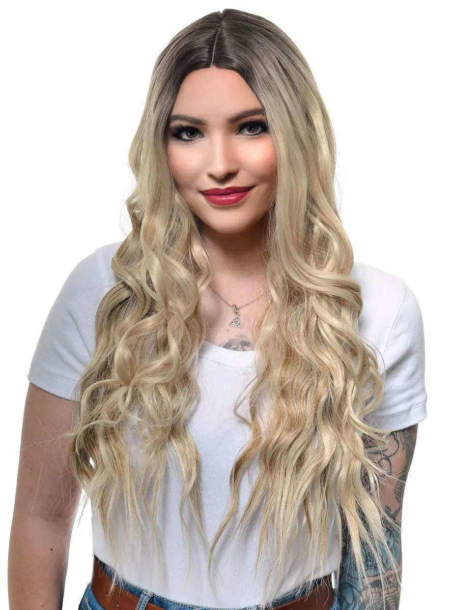 Long Two-Tone Blonde Rooted Beachy Waves Lace Part Fashion Wig