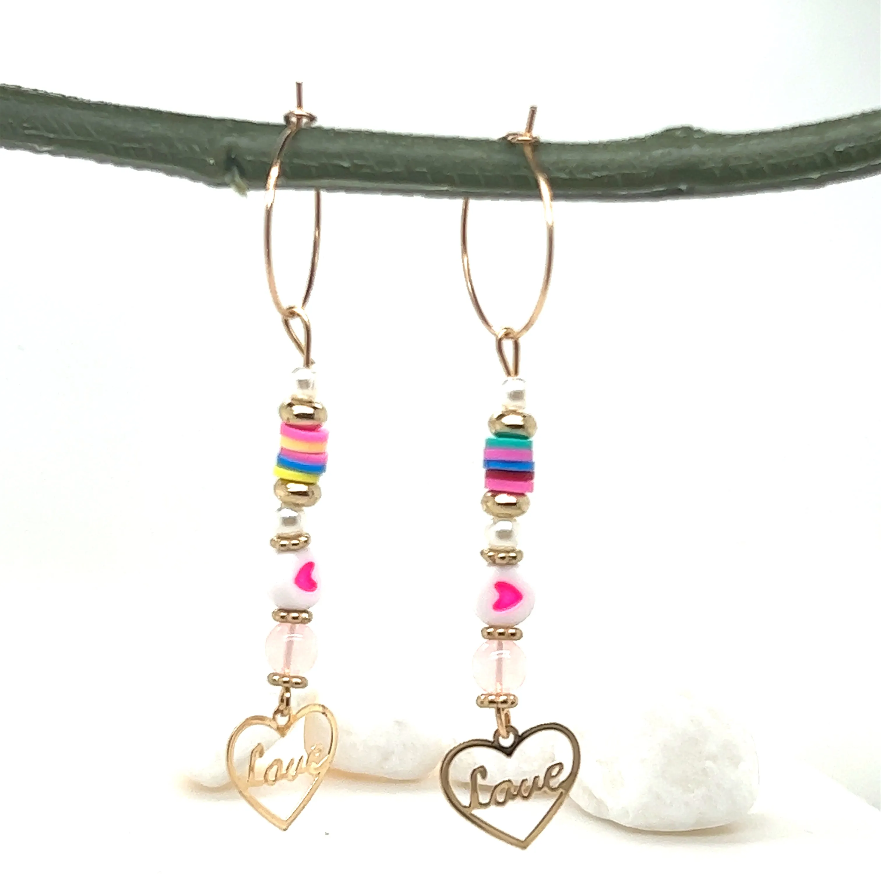 Love Drop Mixed Bead Hoop Dangle Gold Tone Earrings