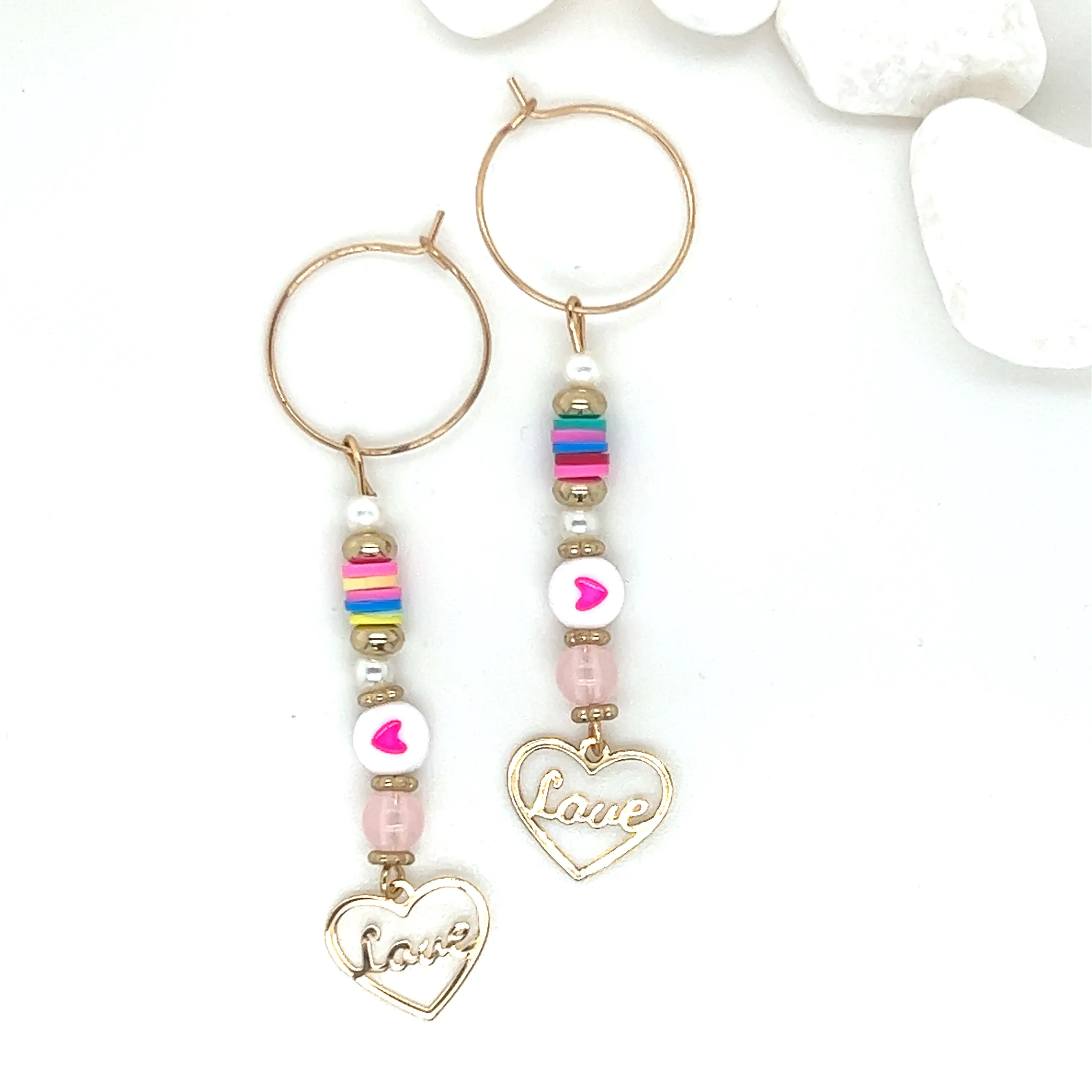 Love Drop Mixed Bead Hoop Dangle Gold Tone Earrings