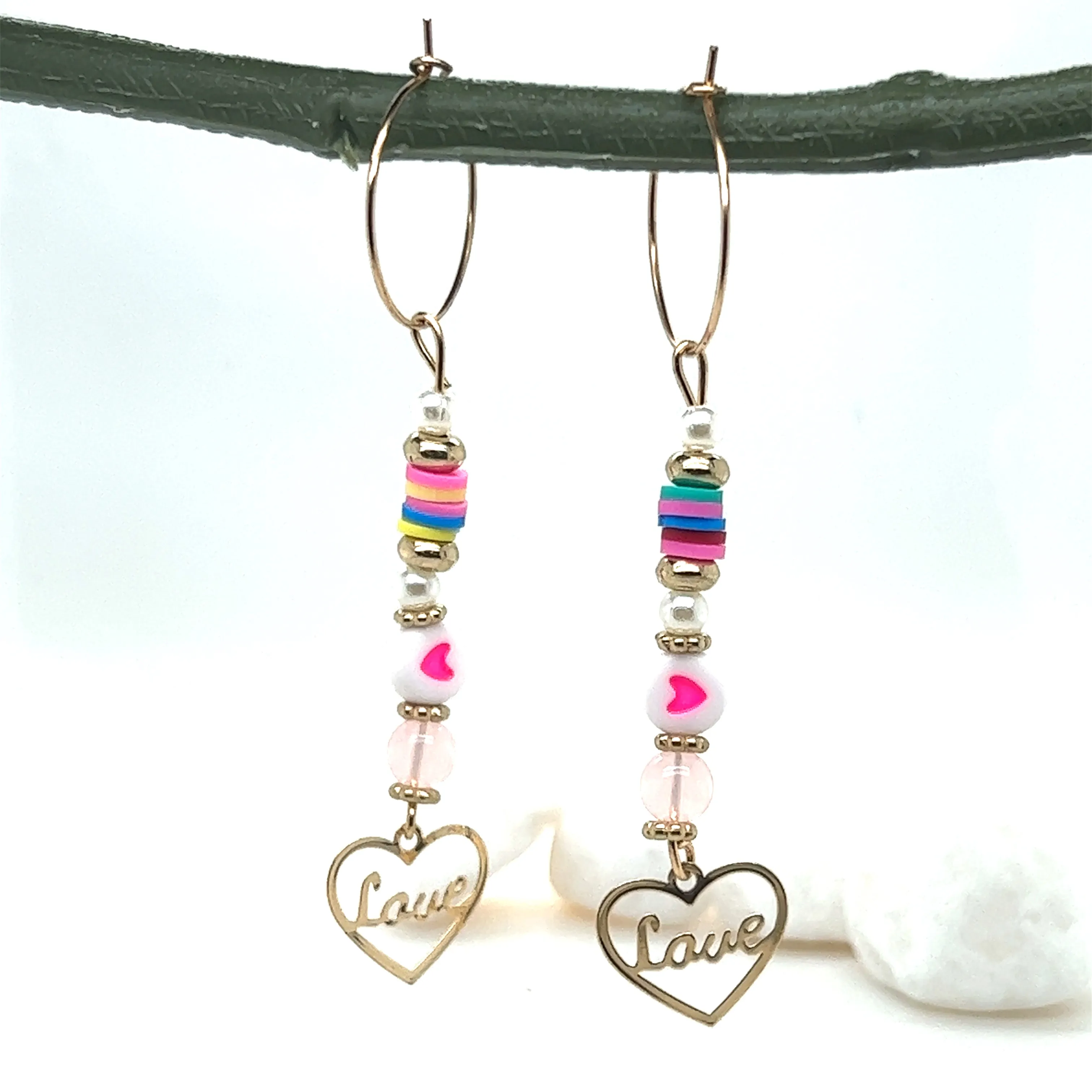 Love Drop Mixed Bead Hoop Dangle Gold Tone Earrings