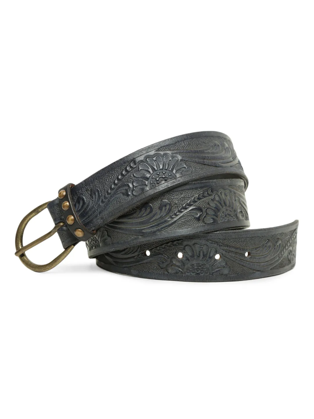 Navy Hand-tooled Design Leather Belt By Art N Vintage