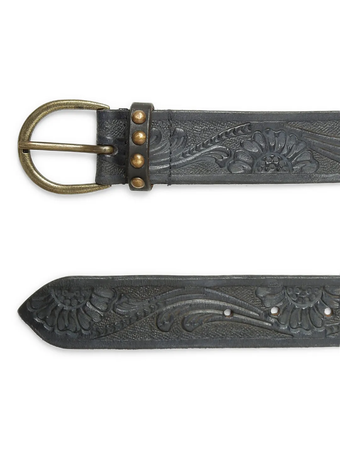 Navy Hand-tooled Design Leather Belt By Art N Vintage