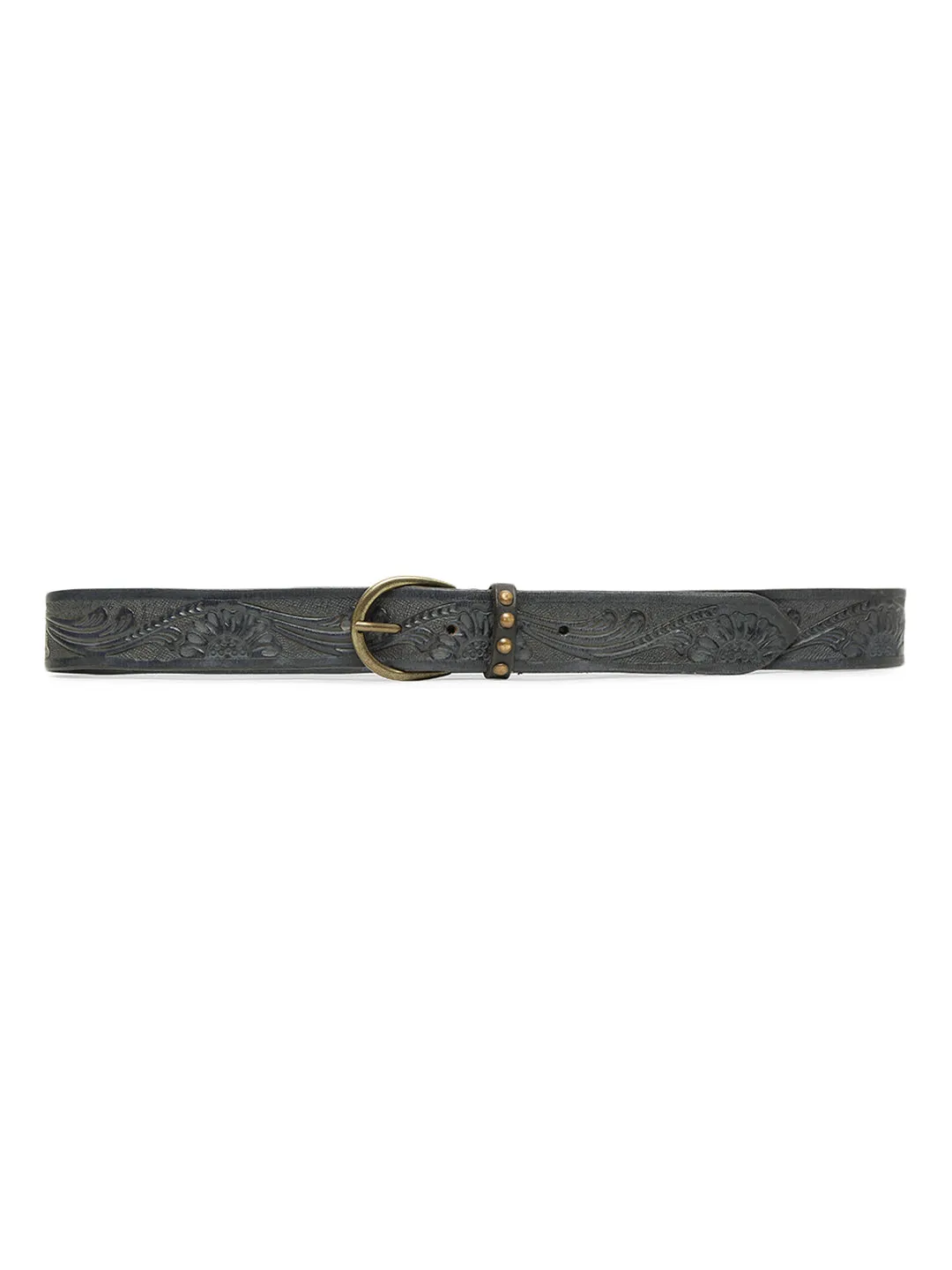 Navy Hand-tooled Design Leather Belt By Art N Vintage