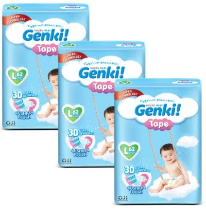 Nepia Genki Mega Pack Tape Diapers L62 (3 Packs / Cartoon) - FOC Showa Baby Wipes 99.5% Water 80s x 3packs