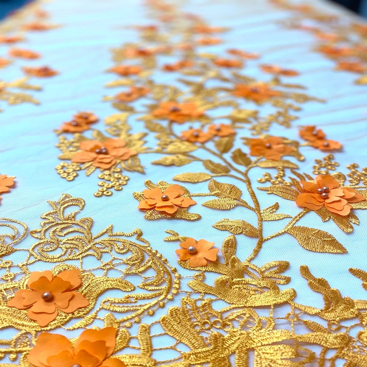 Orange 3D Embroidered Satin Floral Pearl Lace Fabric