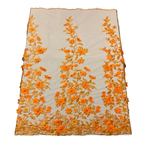 Orange 3D Embroidered Satin Floral Pearl Lace Fabric