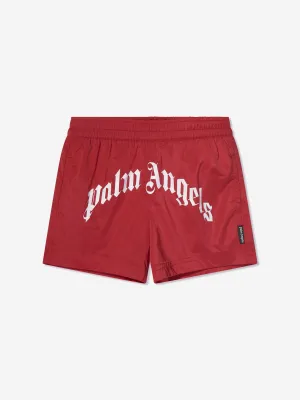 Palm Angels Boys Curved Logo Swim Shorts in Red