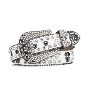 Rhinestone Skull Buckle White Strap With Crystal Studded Belt