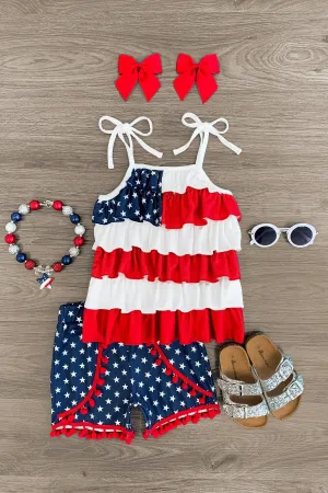 Stars & Stripes Ruffle Pom Pom Short Set