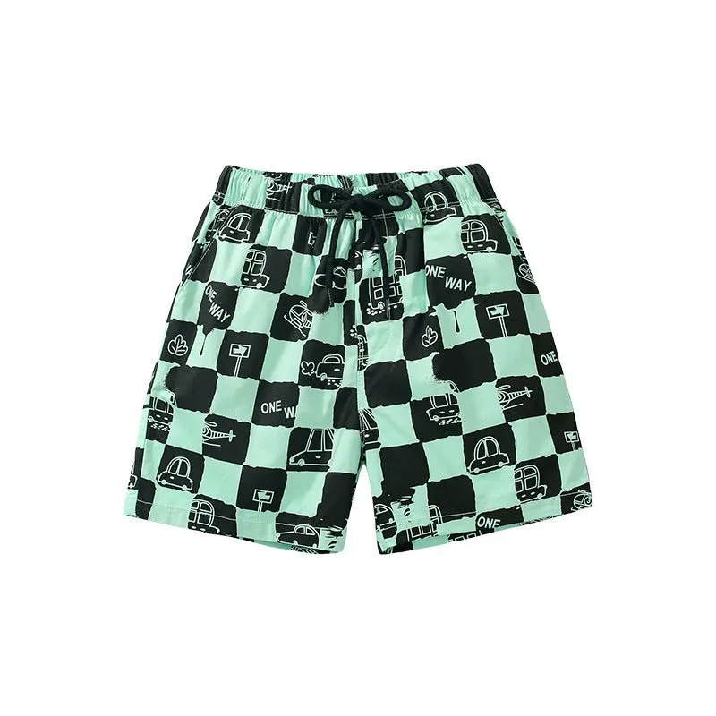 Toddler/Kid Boy's Trendy Summer Plaid Shorts with Car Print Design