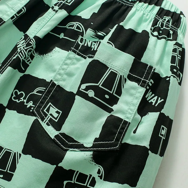 Toddler/Kid Boy's Trendy Summer Plaid Shorts with Car Print Design