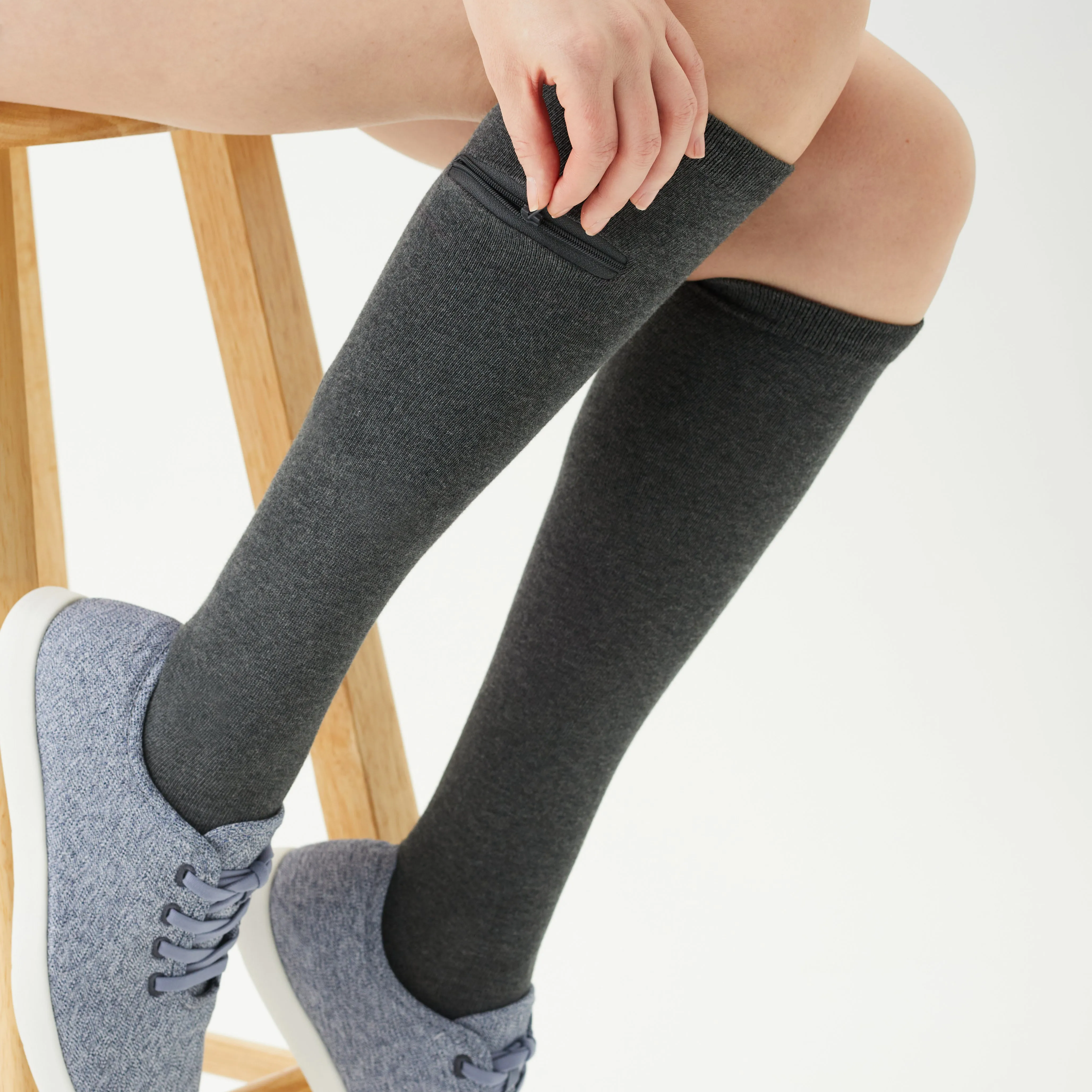 Unisex Knee High-Length Bamboo Zipper Pocket Travel Socks-All Sales Final