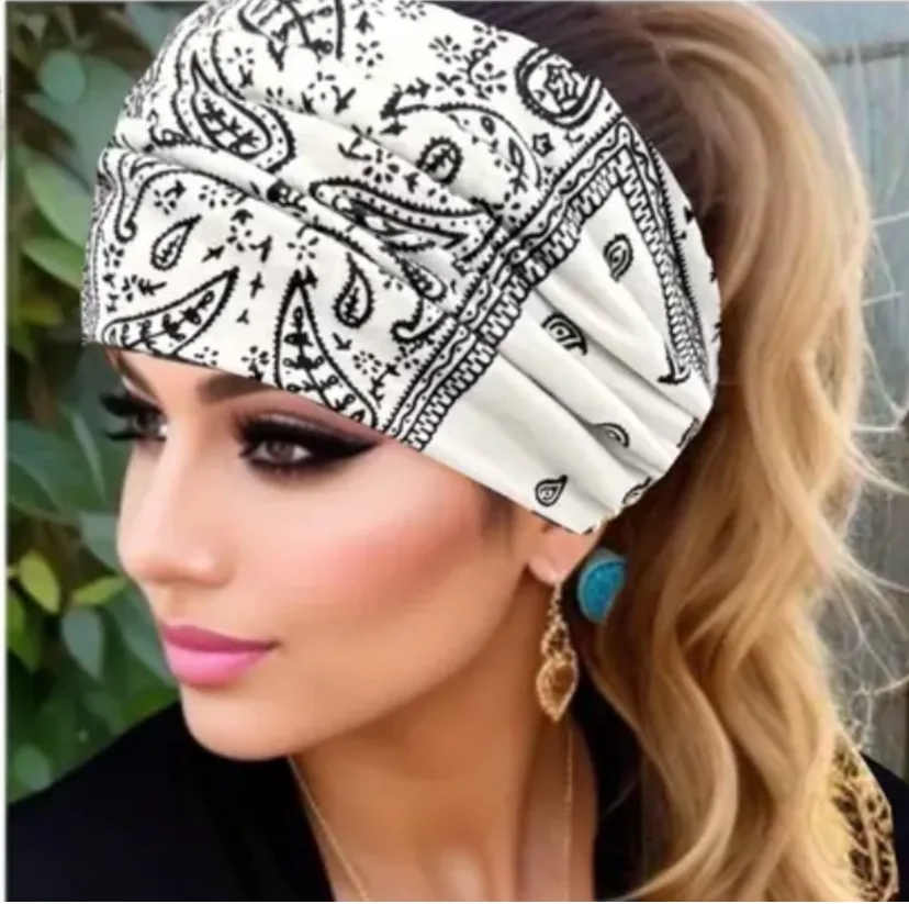 White Paisley Print Turban Headband Ear Warmer