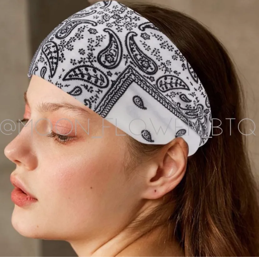 White Paisley Print Turban Headband Ear Warmer