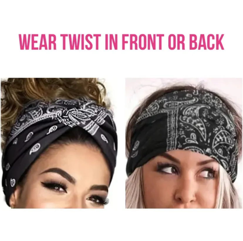 White Paisley Print Turban Headband Ear Warmer